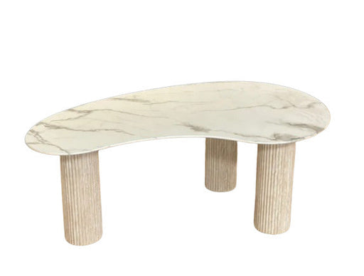 Table basse PYLONE pieds Beige et plateau en verre marbré blanc